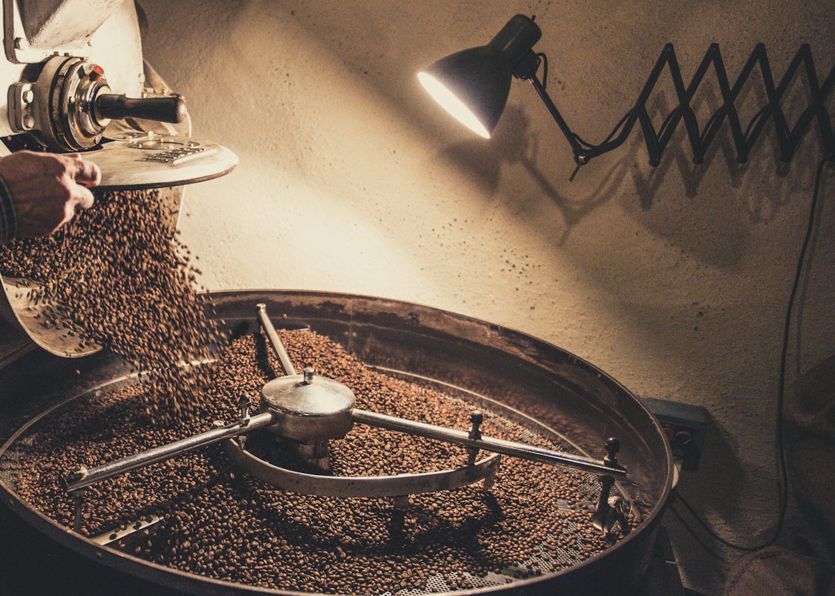 A roaster's hand opens the drum door and freshly roasted beans pour into the cooling tray under a wall lamp.