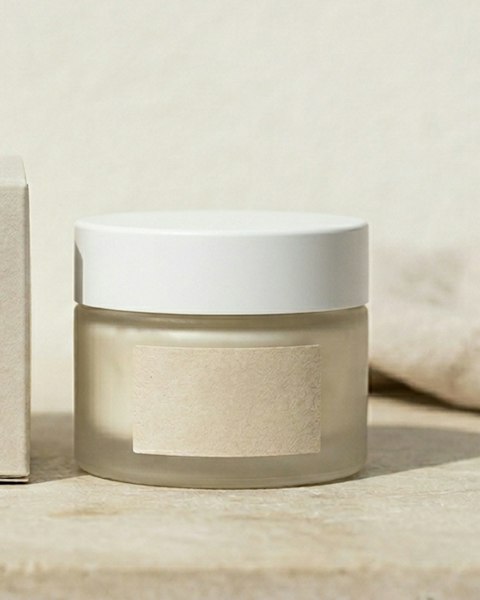 Frosted glass jar of moisturiser with a white lid on a travertine block